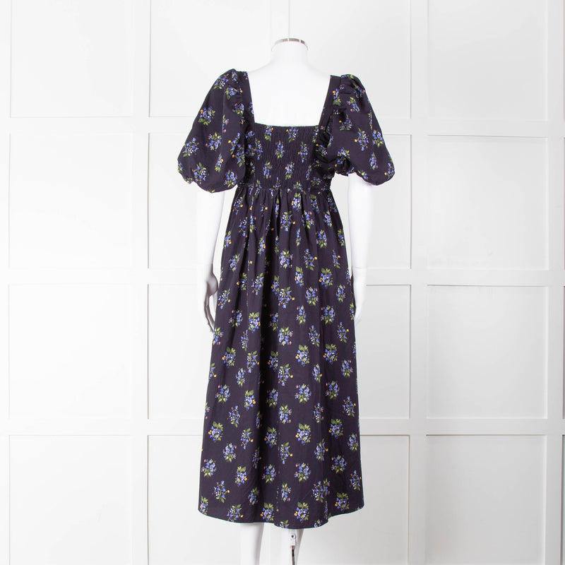 Nobody's Child Navy Purple Floral Puffed Sleeves Midi Cotton Dress