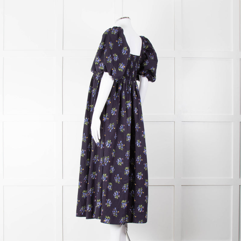 Nobody's Child Navy Purple Floral Puffed Sleeves Midi Cotton Dress