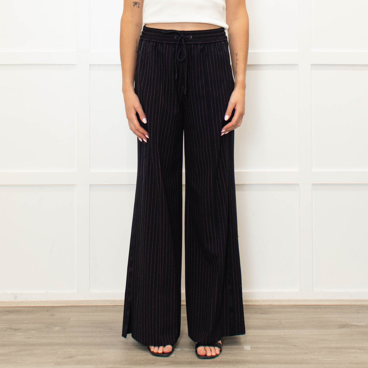 Me + Em Navy Pink Pinstripe Wide Leg Trousers