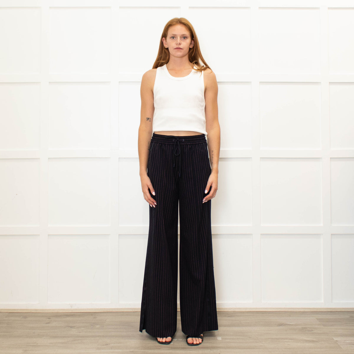 Me + Em Navy Pink Pinstripe Wide Leg Trousers