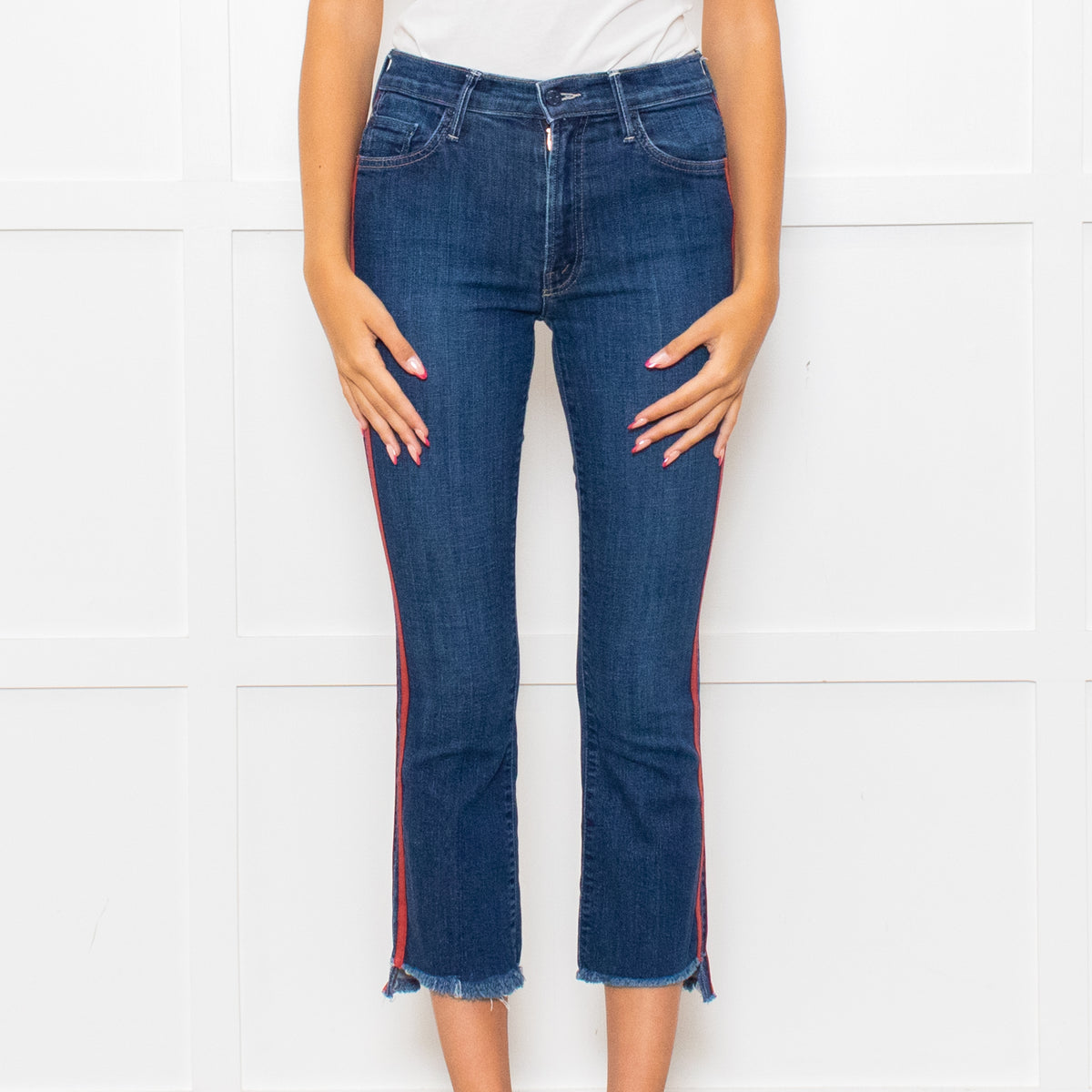 Mother Blue Denim Red Side Stripe Detail Cropped Jeans