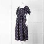 Nobody's Child Navy Purple Floral Puffed Sleeves Midi Cotton Dress