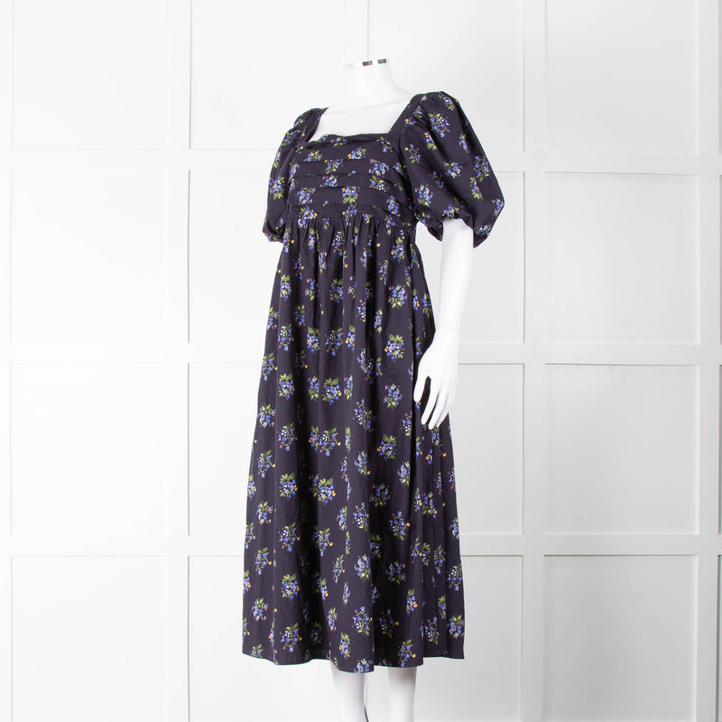 Nobody's Child Navy Purple Floral Puffed Sleeves Midi Cotton Dress