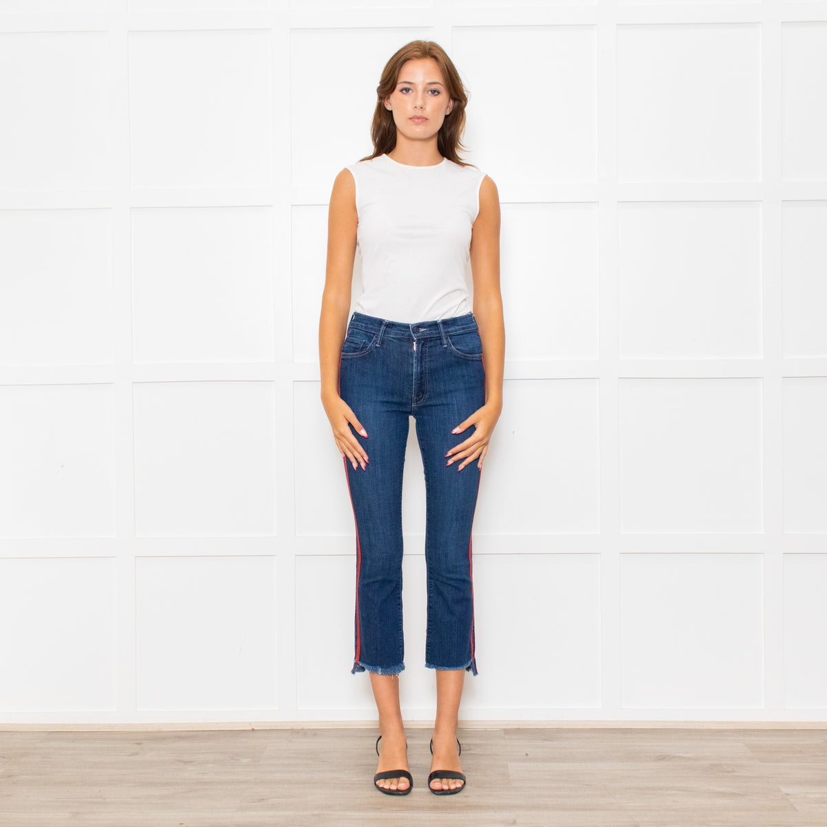 Mother Blue Denim Red Side Stripe Detail Cropped Jeans