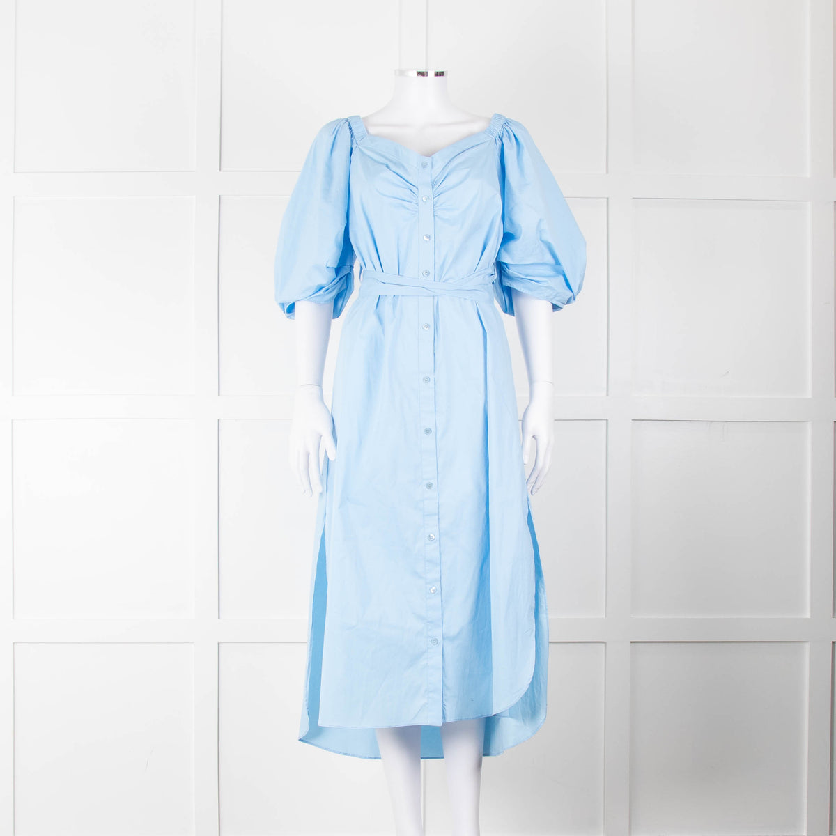 Staud Light Blue Cotton Puffed Sleeve Belted Shirt Dress