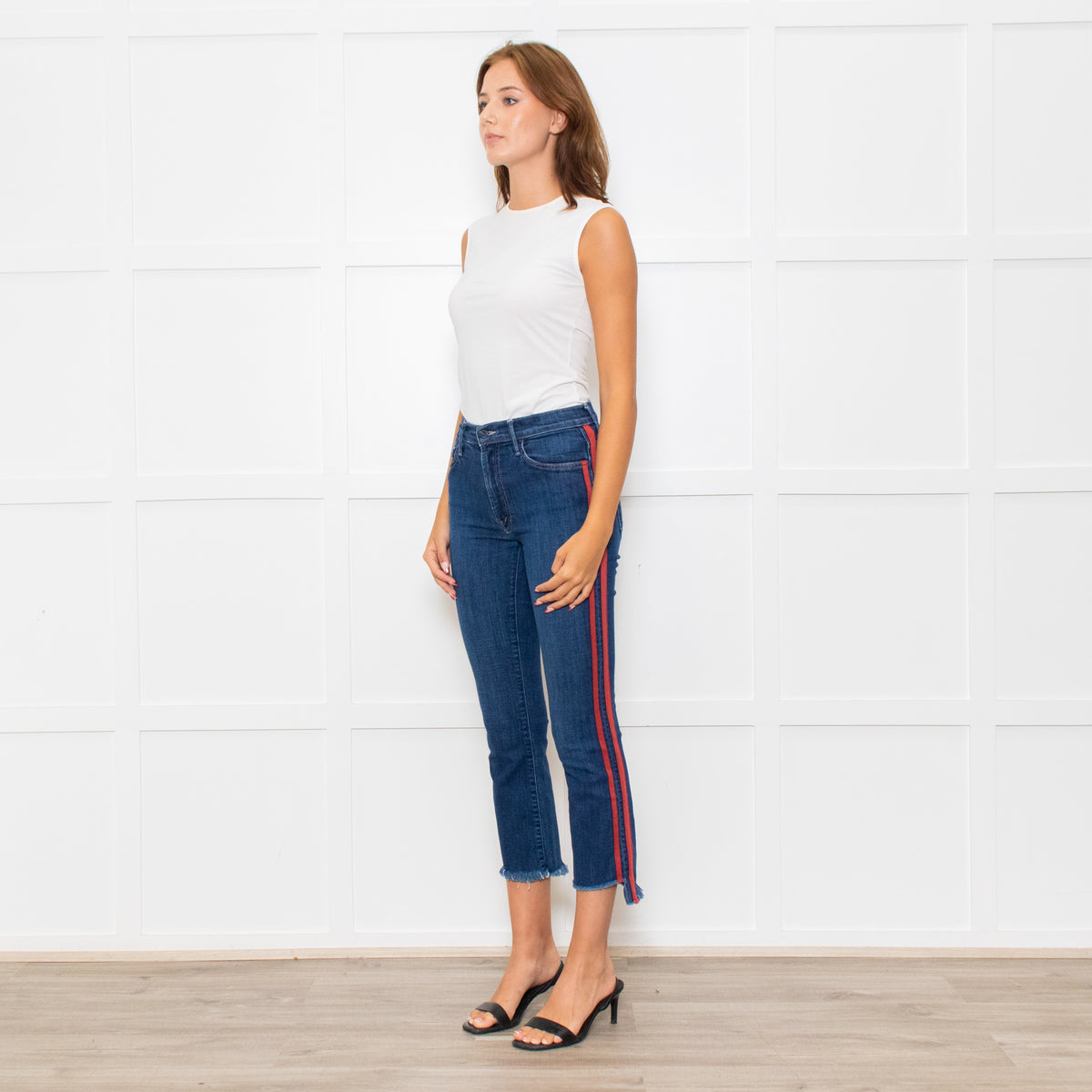 Mother Blue Denim Red Side Stripe Detail Cropped Jeans