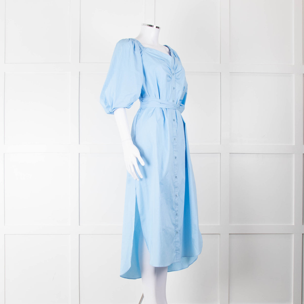 Staud Light Blue Cotton Puffed Sleeve Belted Shirt Dress