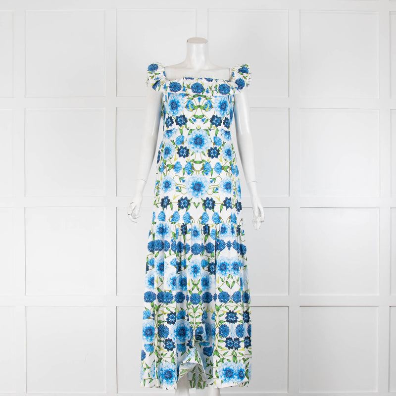 Borgo De Nor White Blue Floral Frill Trim Sleeveless Maxi Dress