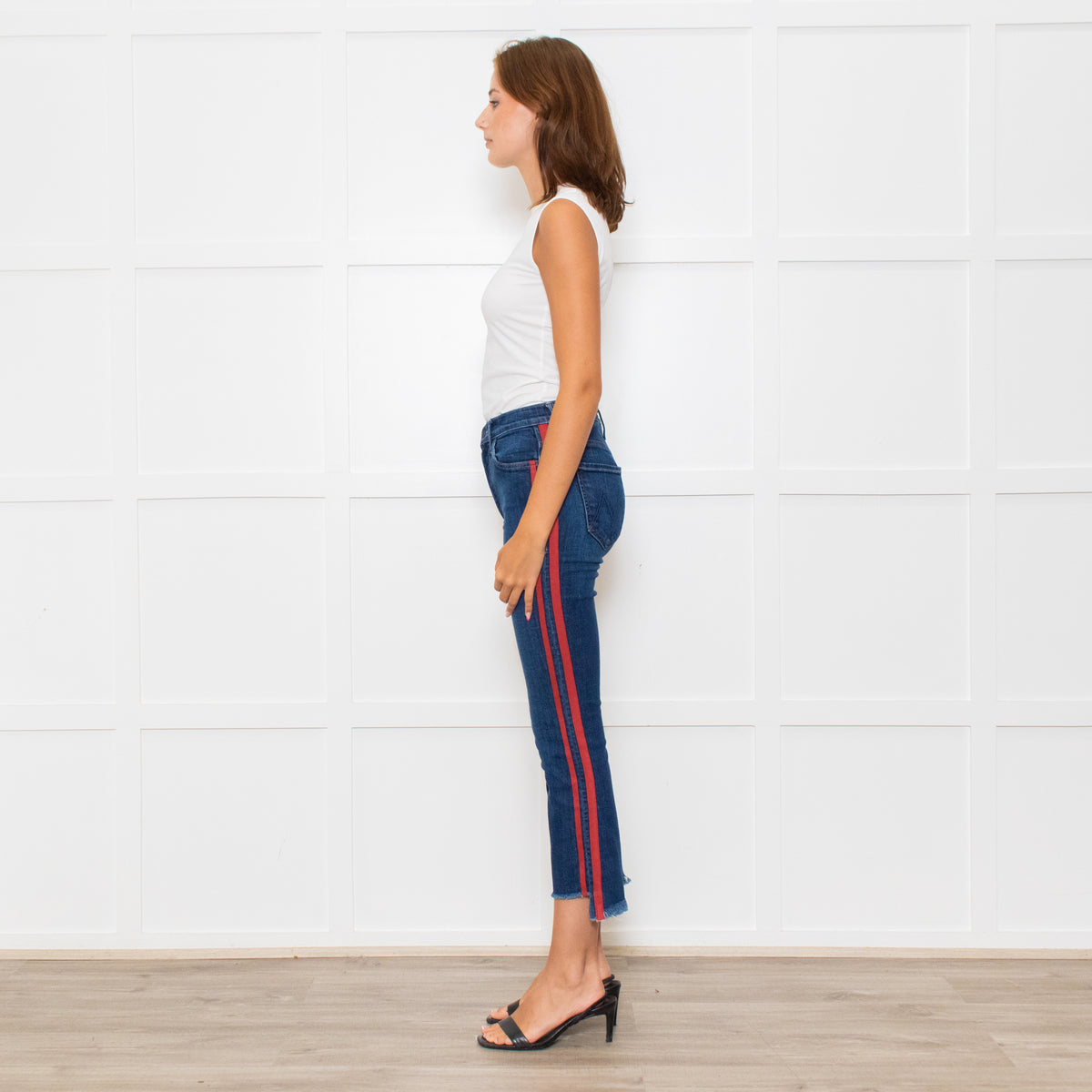 Mother Blue Denim Red Side Stripe Detail Cropped Jeans