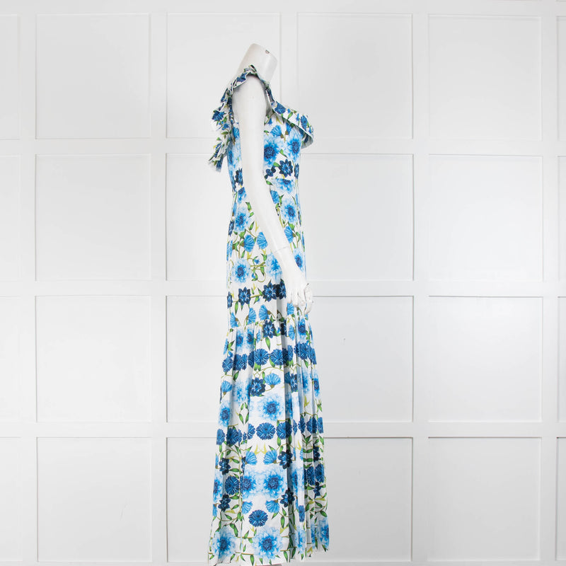 Borgo De Nor White Blue Floral Frill Trim Sleeveless Maxi Dress