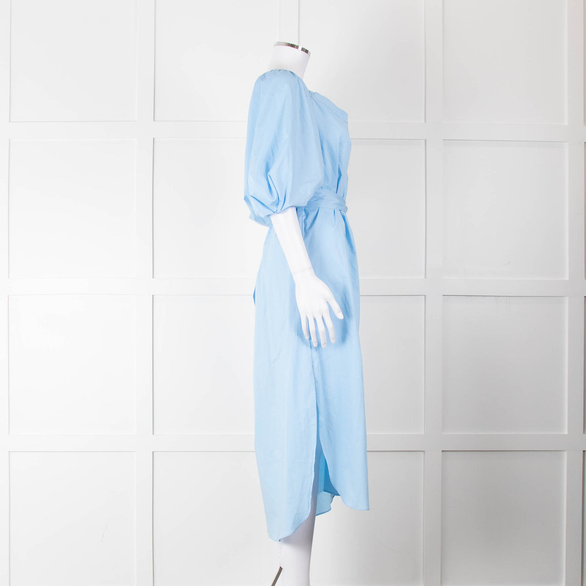 Staud Light Blue Cotton Puffed Sleeve Belted Shirt Dress