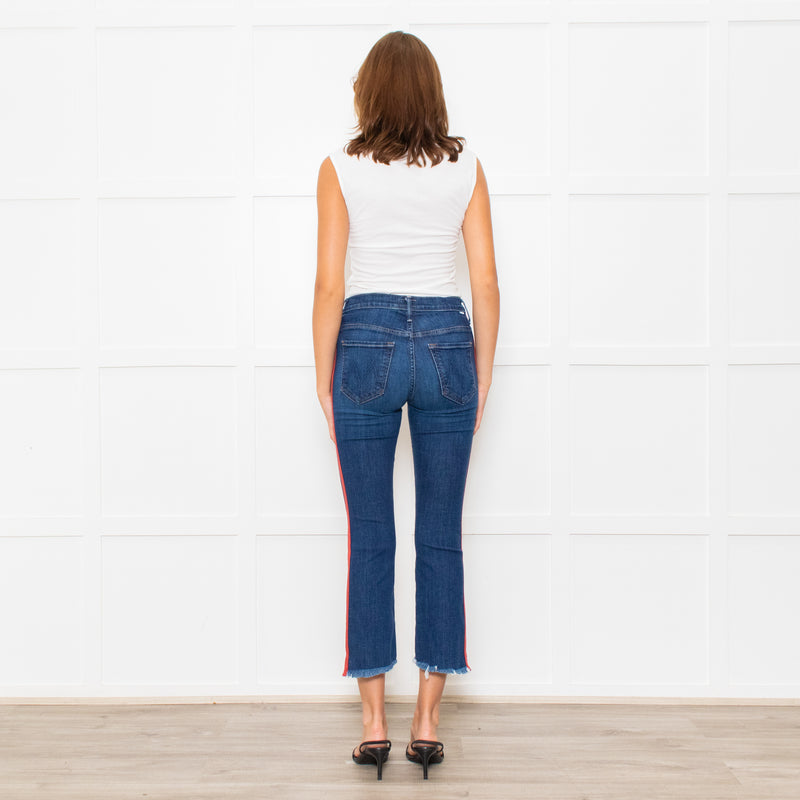 Mother Blue Denim Red Side Stripe Detail Cropped Jeans