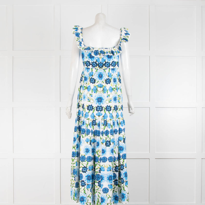 Borgo De Nor White Blue Floral Frill Trim Sleeveless Maxi Dress