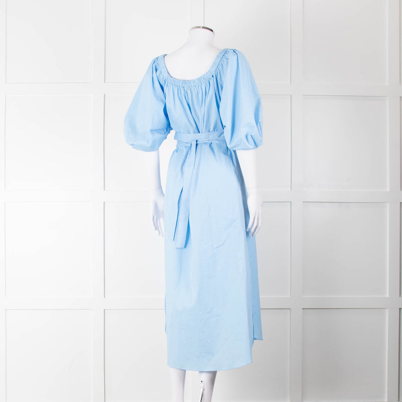 Staud Light Blue Cotton Puffed Sleeve Belted Shirt Dress