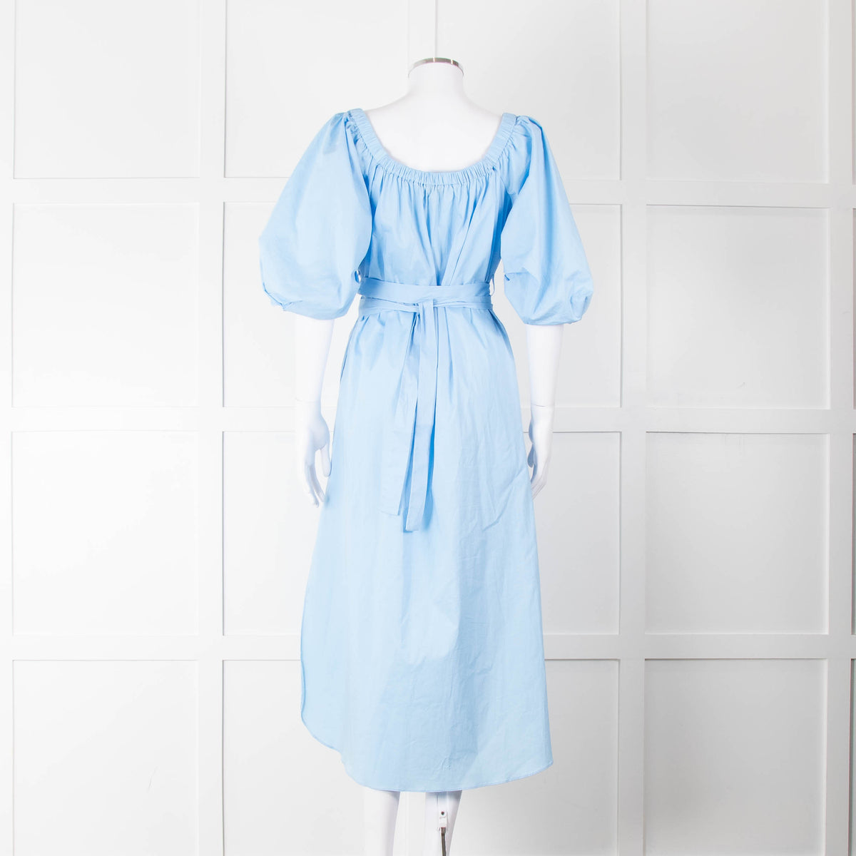 Staud Light Blue Cotton Puffed Sleeve Belted Shirt Dress