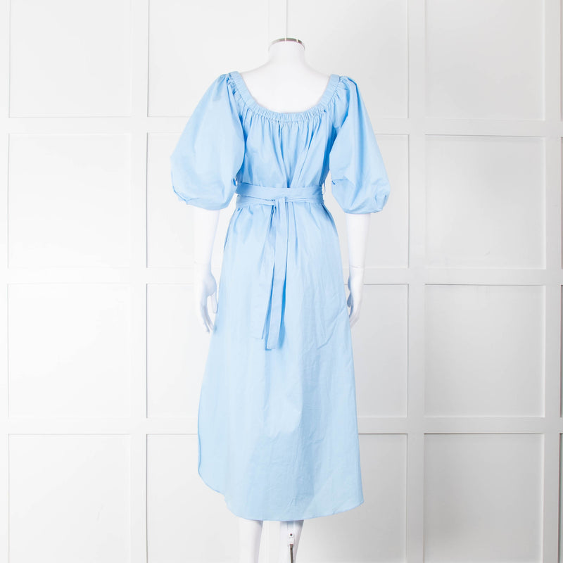 Staud Light Blue Cotton Puffed Sleeve Belted Shirt Dress