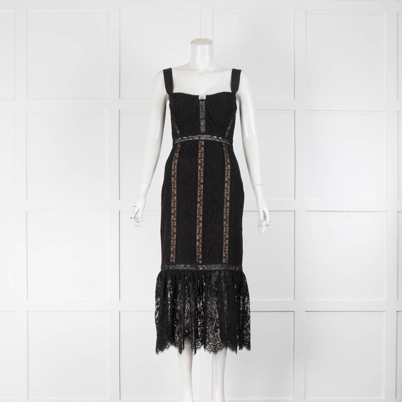 Self-Portrait Black Lace Beige Panel Sleeveless Peplum Dress