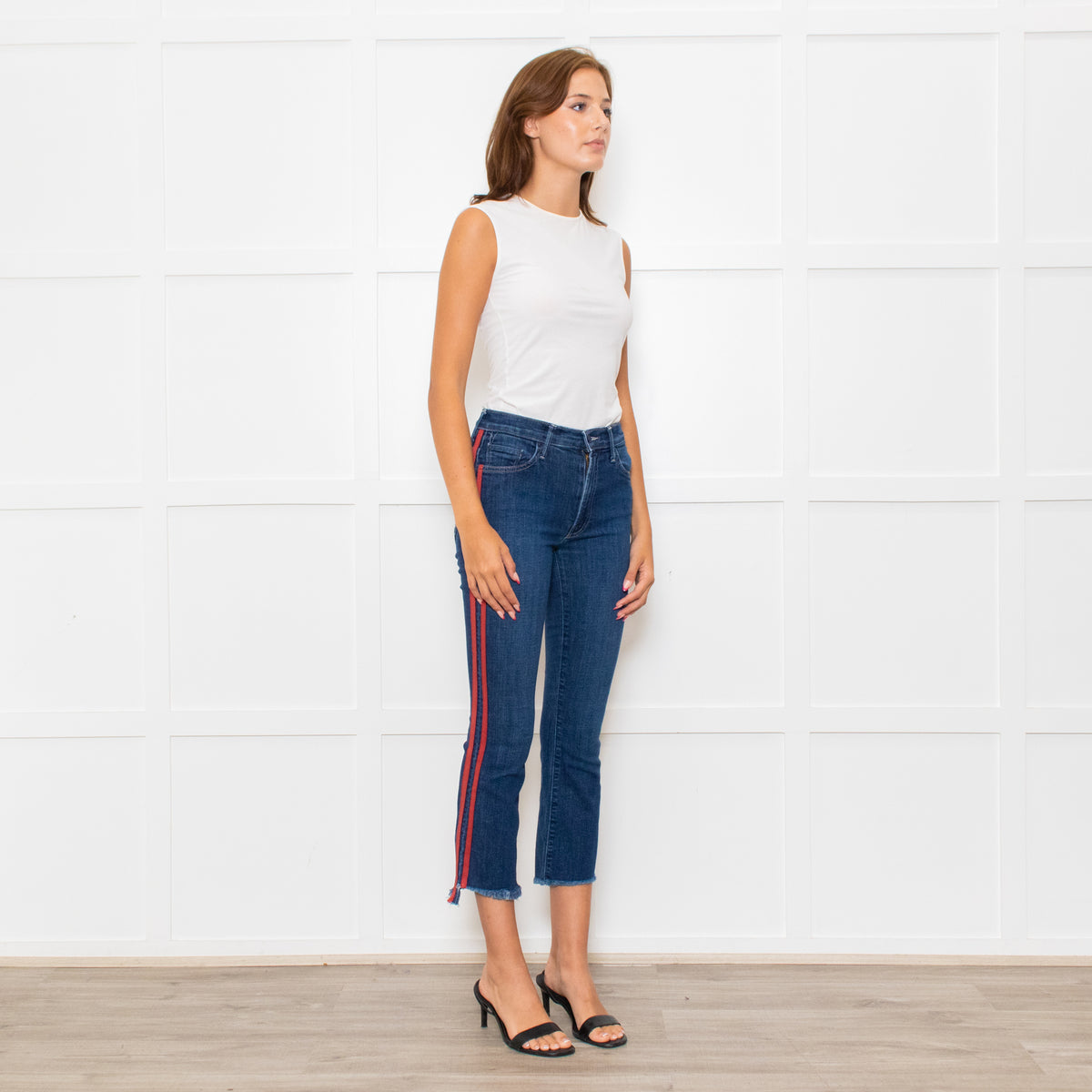 Mother Blue Denim Red Side Stripe Detail Cropped Jeans