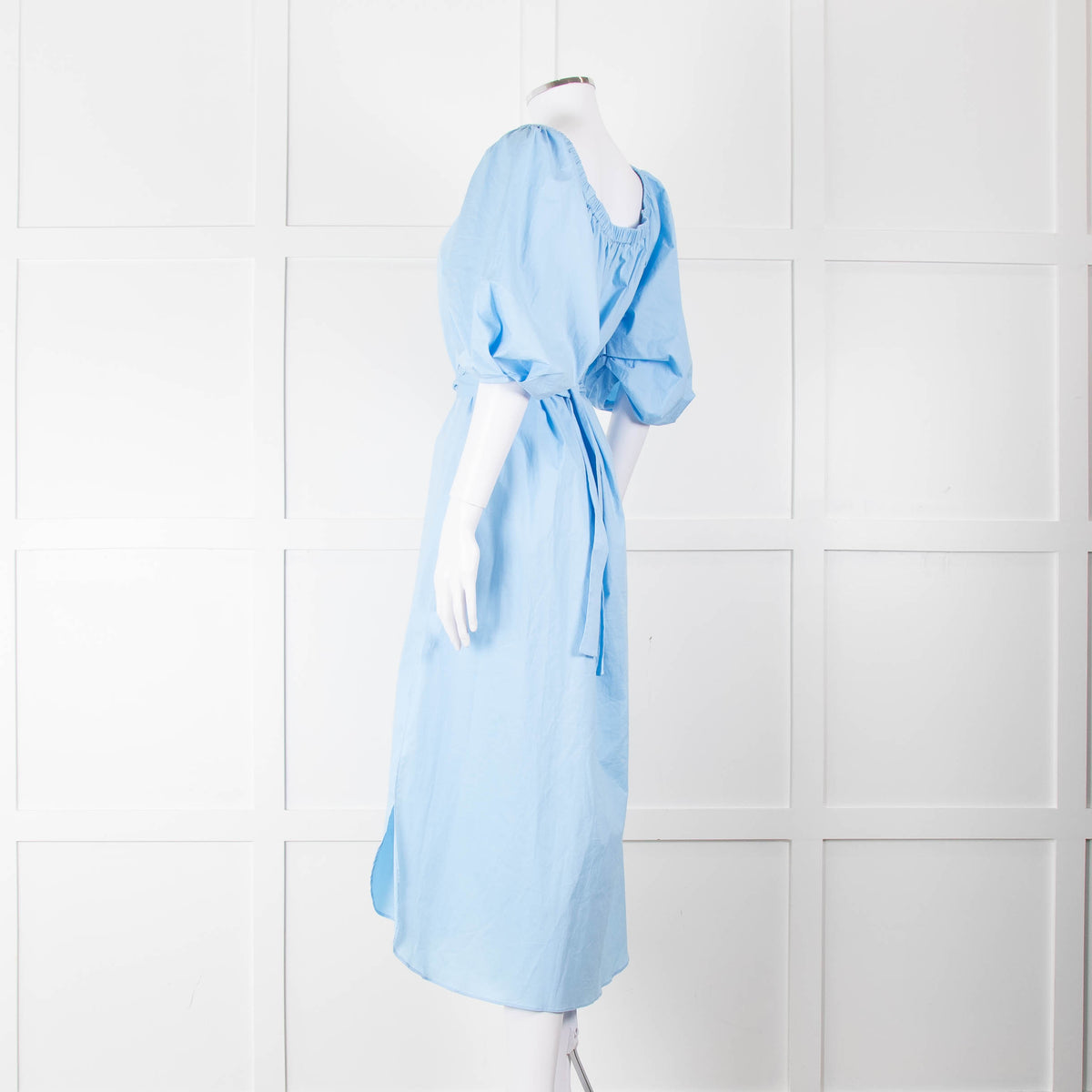 Staud Light Blue Cotton Puffed Sleeve Belted Shirt Dress