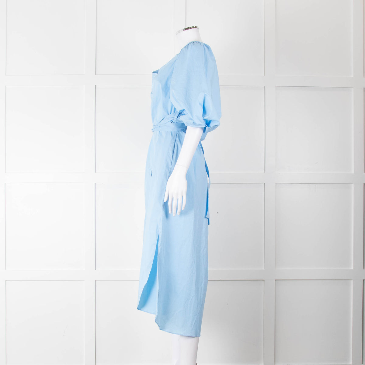 Staud Light Blue Cotton Puffed Sleeve Belted Shirt Dress