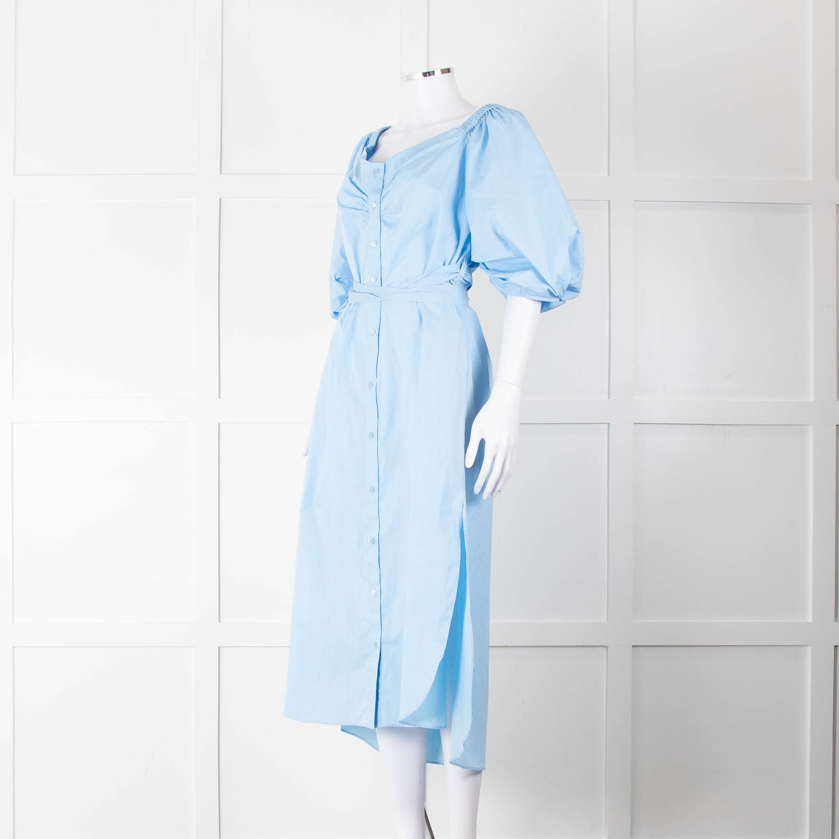 Staud Light Blue Cotton Puffed Sleeve Belted Shirt Dress