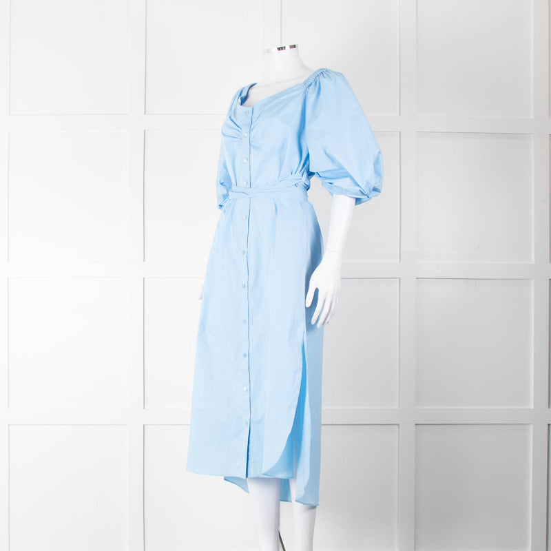 Staud Light Blue Cotton Puffed Sleeve Belted Shirt Dress