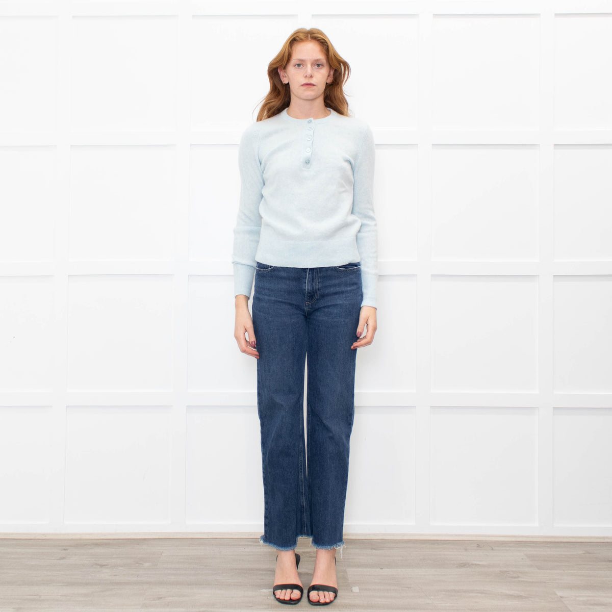 White + Warren Pastel Blue Cashmere Button V Neck Jumper