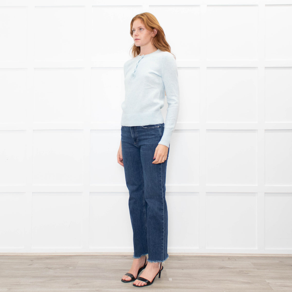 White + Warren Pastel Blue Cashmere Button V Neck Jumper