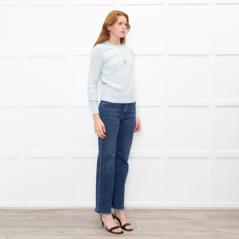 White + Warren Pastel Blue Cashmere Button V Neck Jumper