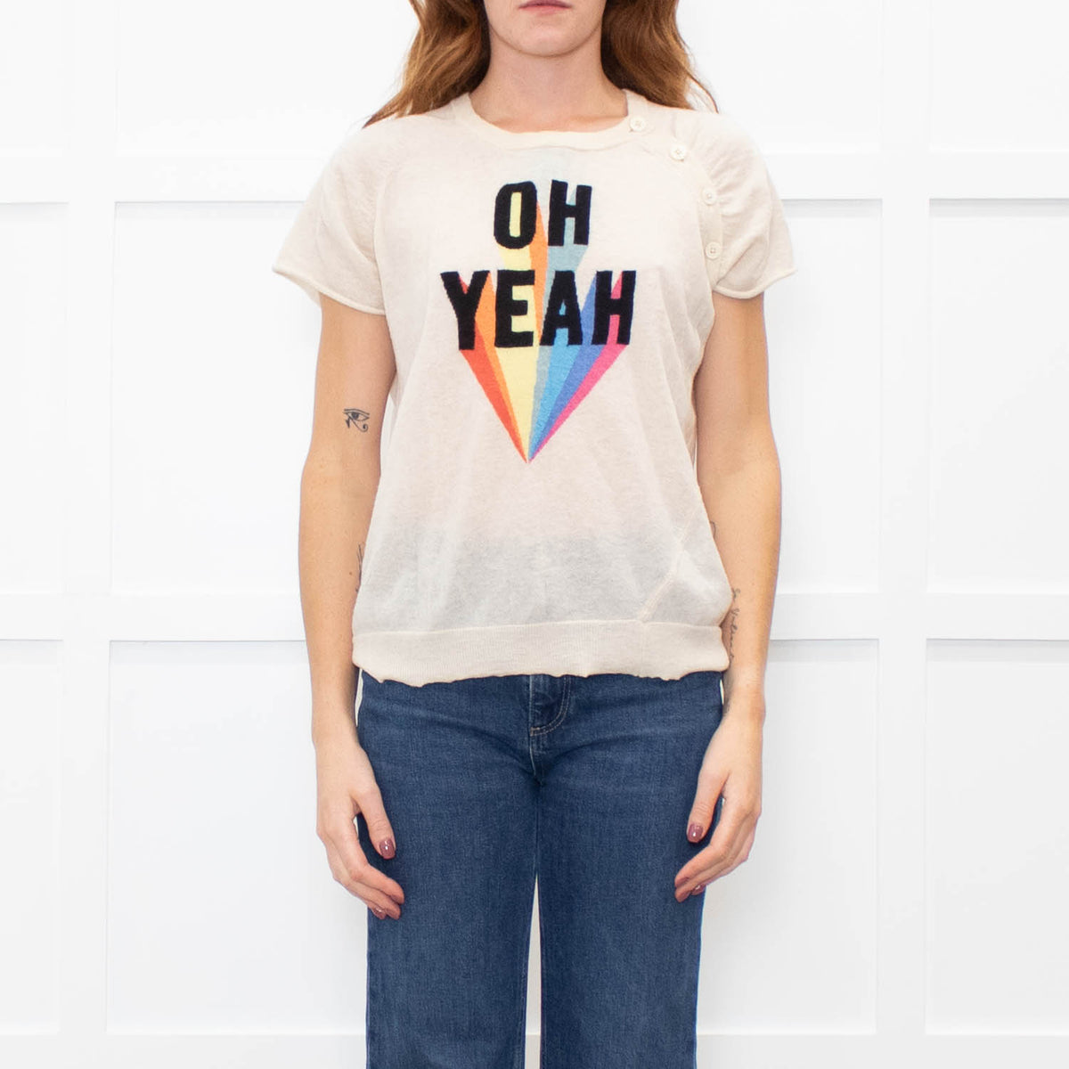 Zadig & Voltaire Preloved  Beige Slogan Cashmere Blend Short Sleeve Top