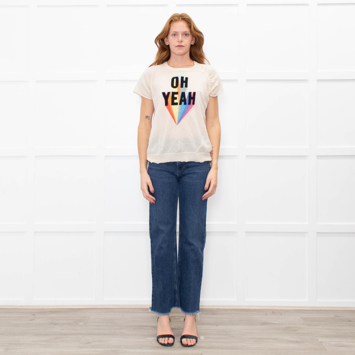 Zadig & Voltaire Beige Slogan Cashmere Blend Short Sleeve Top