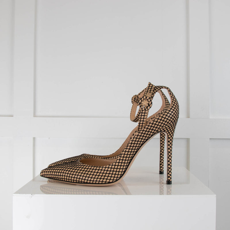 Gianvito Rossi Nude and Black Net Ankle Strap Heels
