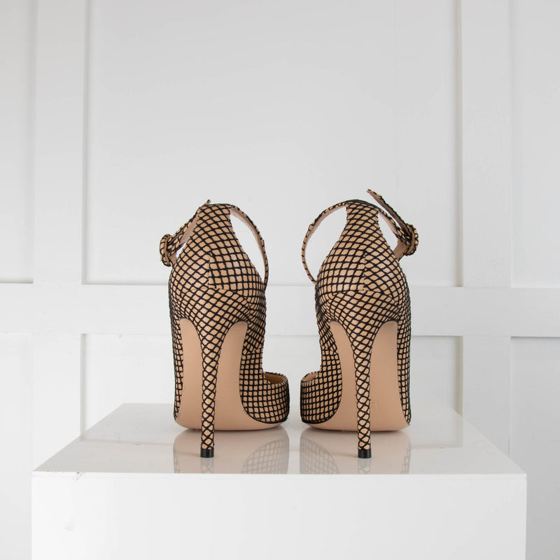 Gianvito Rossi Nude and Black Net Ankle Strap Heels
