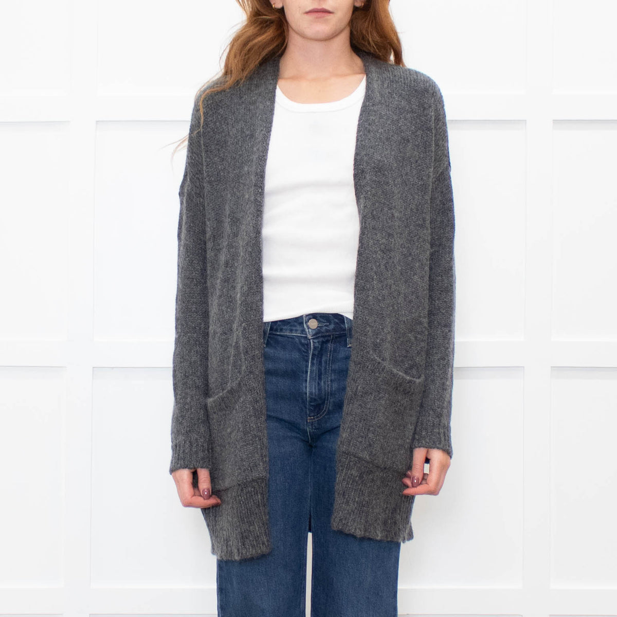 Eileen Fisher Grey Wool Blend long Edge To Edge Cardigan
