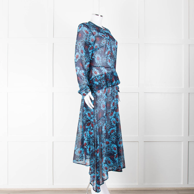 Markus Lupfer Blue Red Flower Print Maxi Dress & Slip