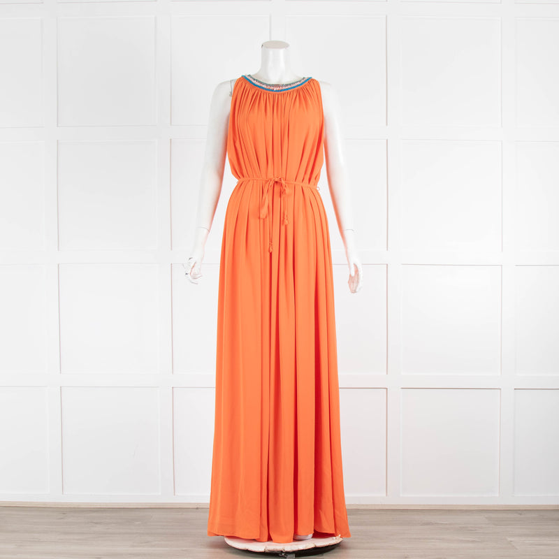 Saloni Orange Draped Maxi Dress Turqouise Bead Neck