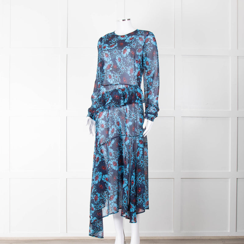 Markus Lupfer Blue Red Flower Print Maxi Dress & Slip