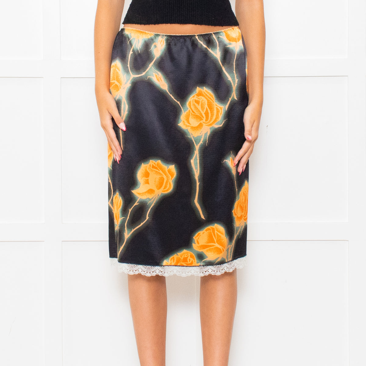 Meryll Rogge Black Orange Floral Satin Skirt
