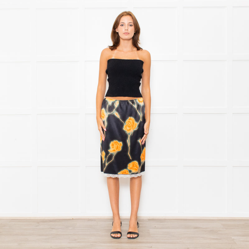 Meryll Rogge Black Orange Floral Satin Skirt