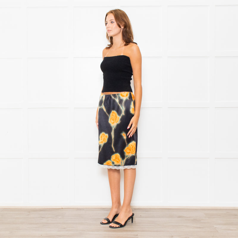 Meryll Rogge Black Orange Floral Satin Skirt