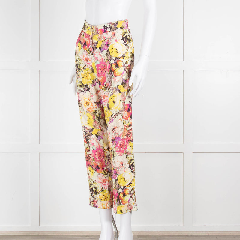 Etro Cream Pink Lilac Rose Print Trousers