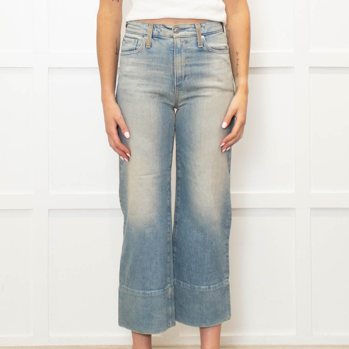 AG Pale Blue Aged Look Wide Leg Jeans