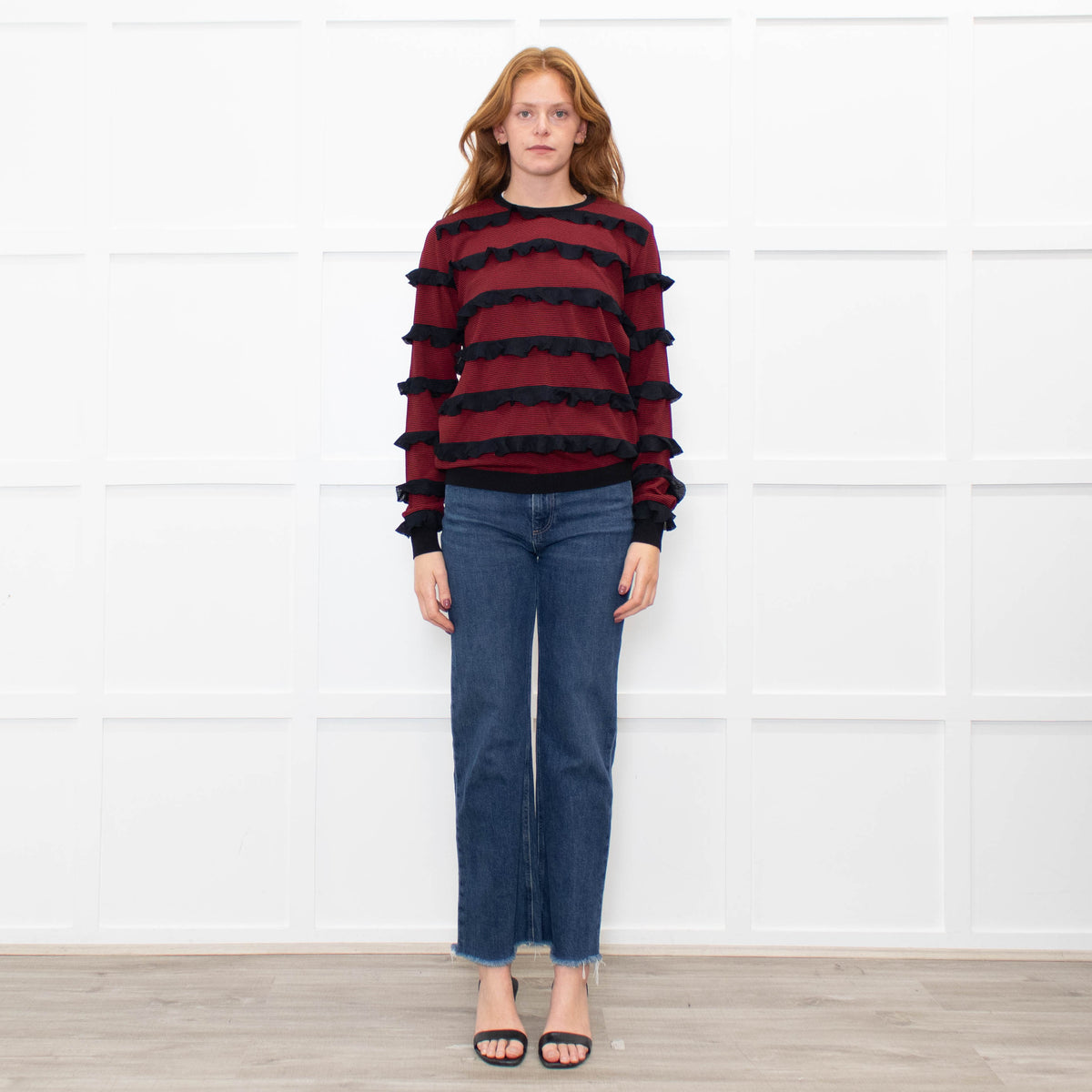 Red Valentino Black Red Striped Frilled Long Sleeve Top