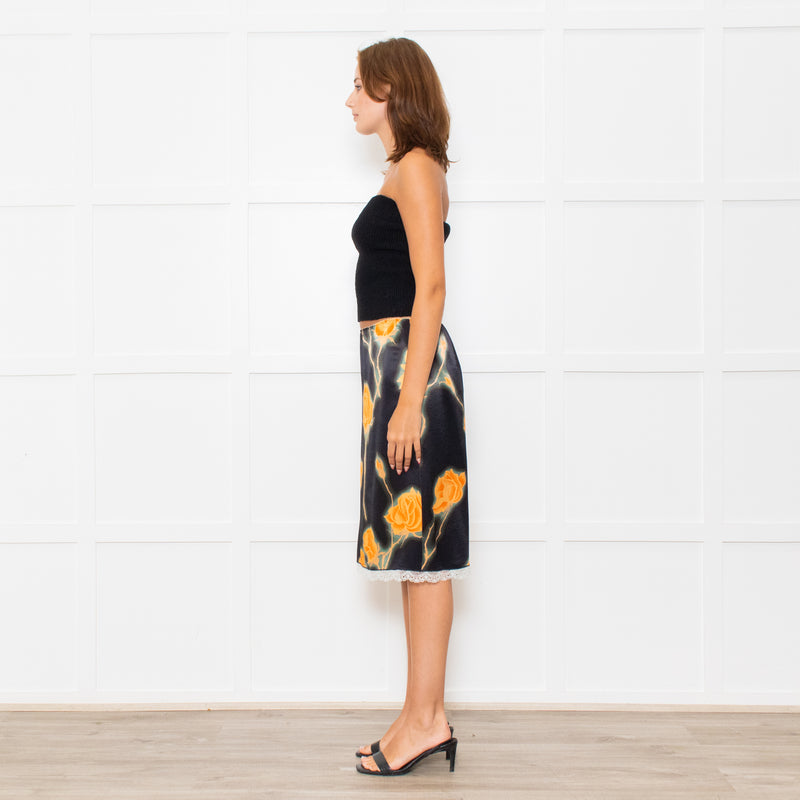 Meryll Rogge Black Orange Floral Satin Skirt
