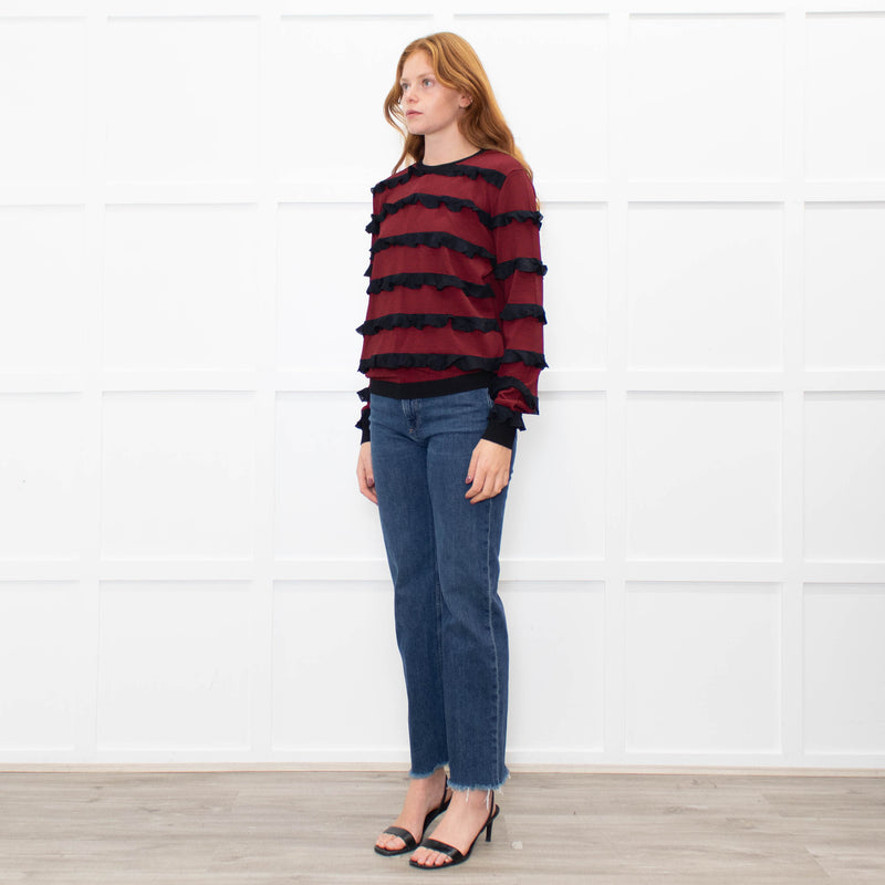 Red Valentino Black Red Striped Frilled Long Sleeve Top