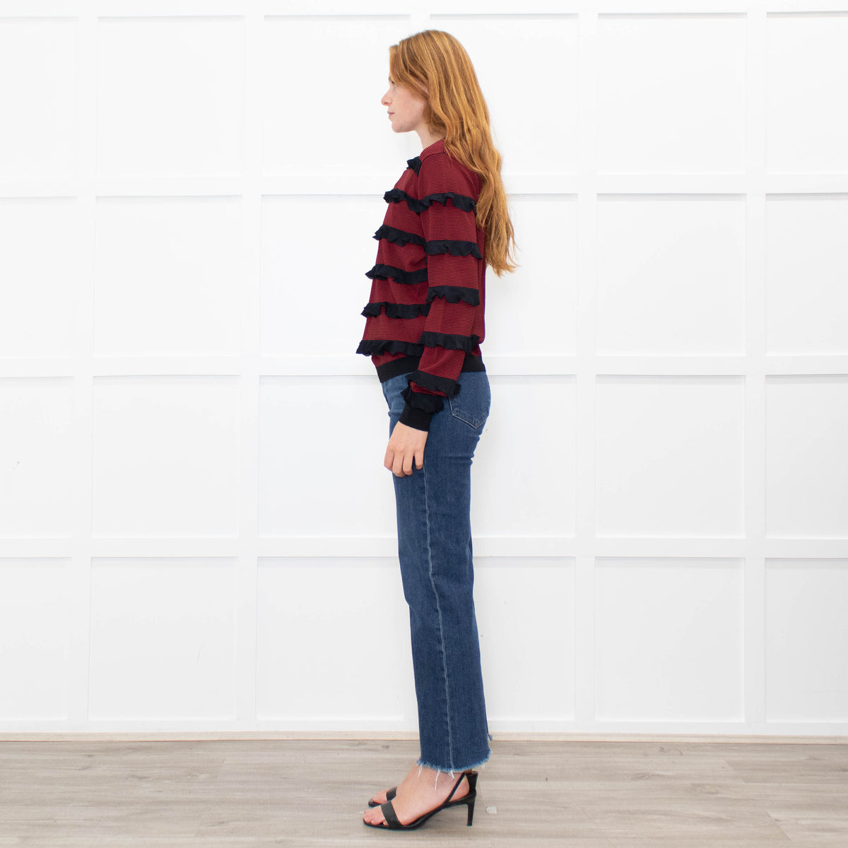 Red Valentino Black Red Striped Frilled Long Sleeve Top
