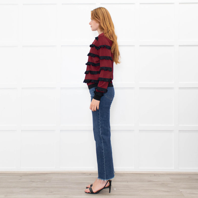 Red Valentino Black Red Striped Frilled Long Sleeve Top
