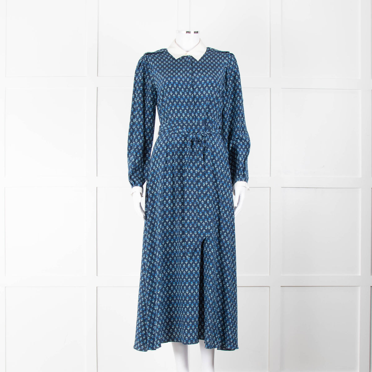 Beulah Navy Blue Floral Cream Collar Trim Maxi Dress