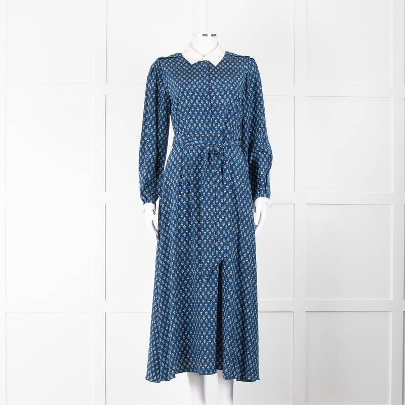 Beulah Navy Blue Floral Cream Collar Trim Maxi Dress