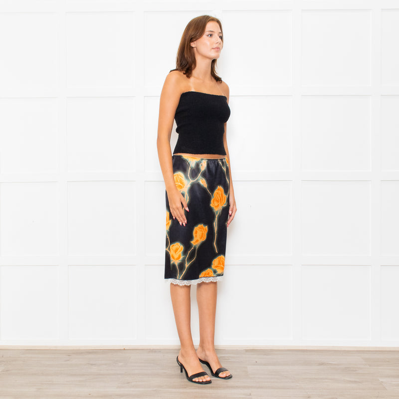 Meryll Rogge Black Orange Floral Satin Skirt